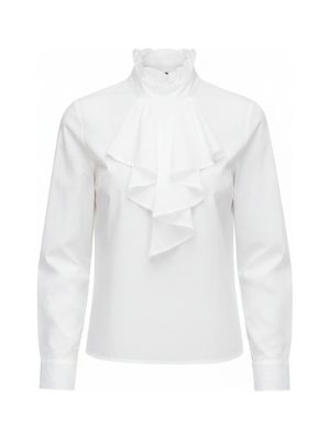 blusa con cuello alto y volantes · blanco