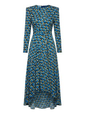 vestido midi estampado geométrico · azul y amarillo