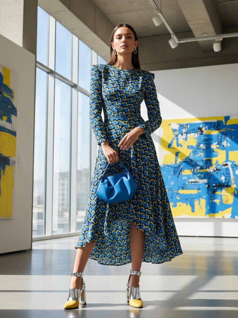 Este look presenta un vestido midi de estampado geométrico en azul… · Outfit de Chulair
