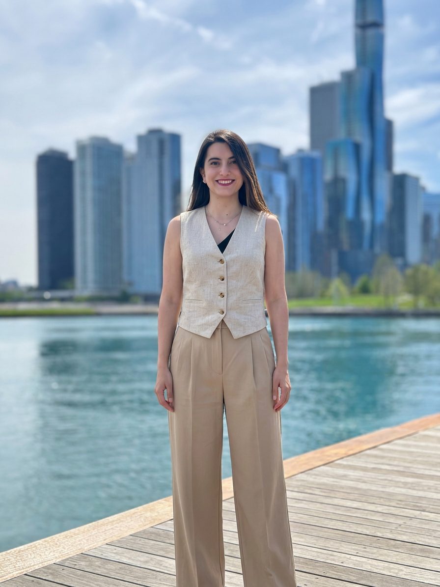Una mujer sonríe en un muelle con un conjunto en tonos neutros formado… · Outfit de Claudia Castillo