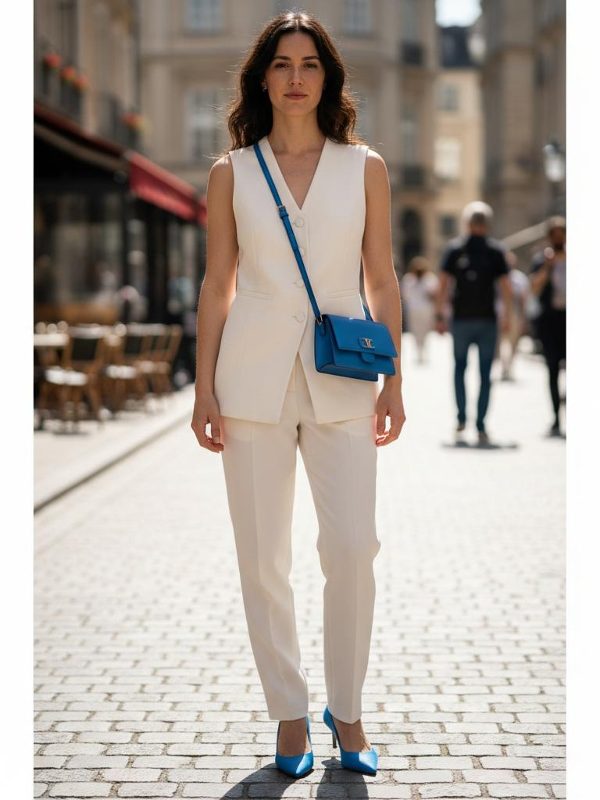 Elegancia Renacida: Sastre Blanco y Toque Azul Eléctrico