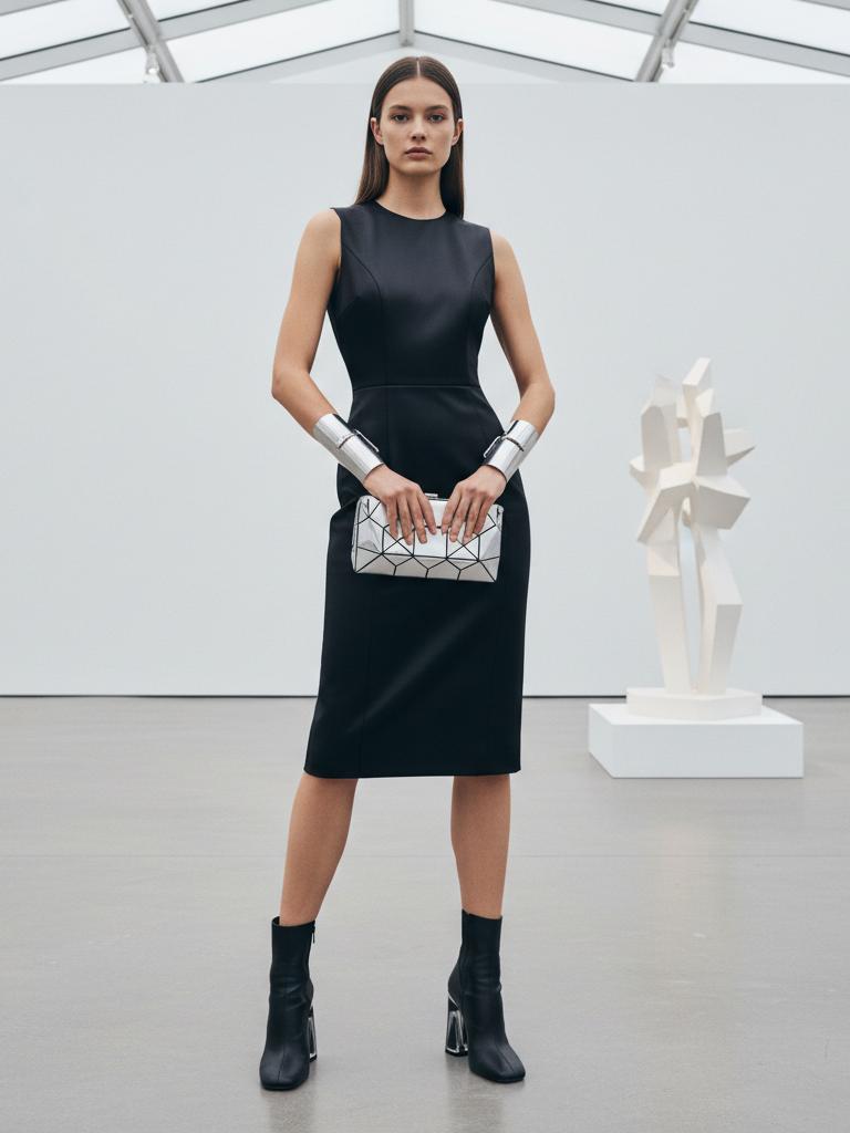 Un look futurista y elegante con un vestido negro estructurado, puños de… · Outfit de Chulair
