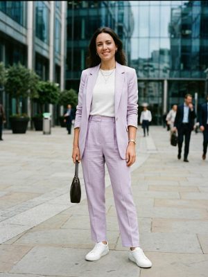 Traje lila de sastre con zapatillas para la oficina