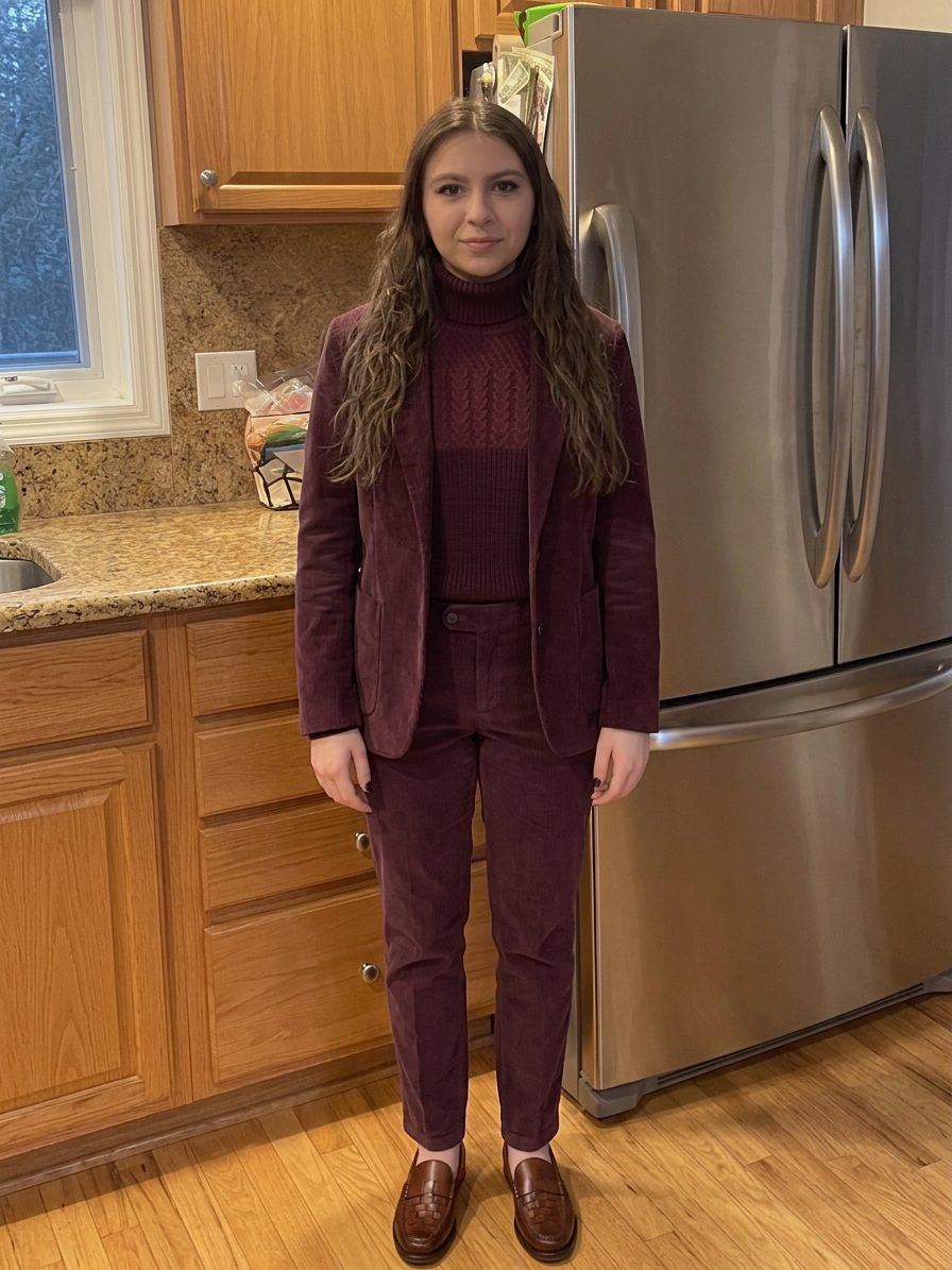 Luce un elegante traje de pana en tono burdeos compuesto por chaqueta y… · Outfit de Chris Pugliese