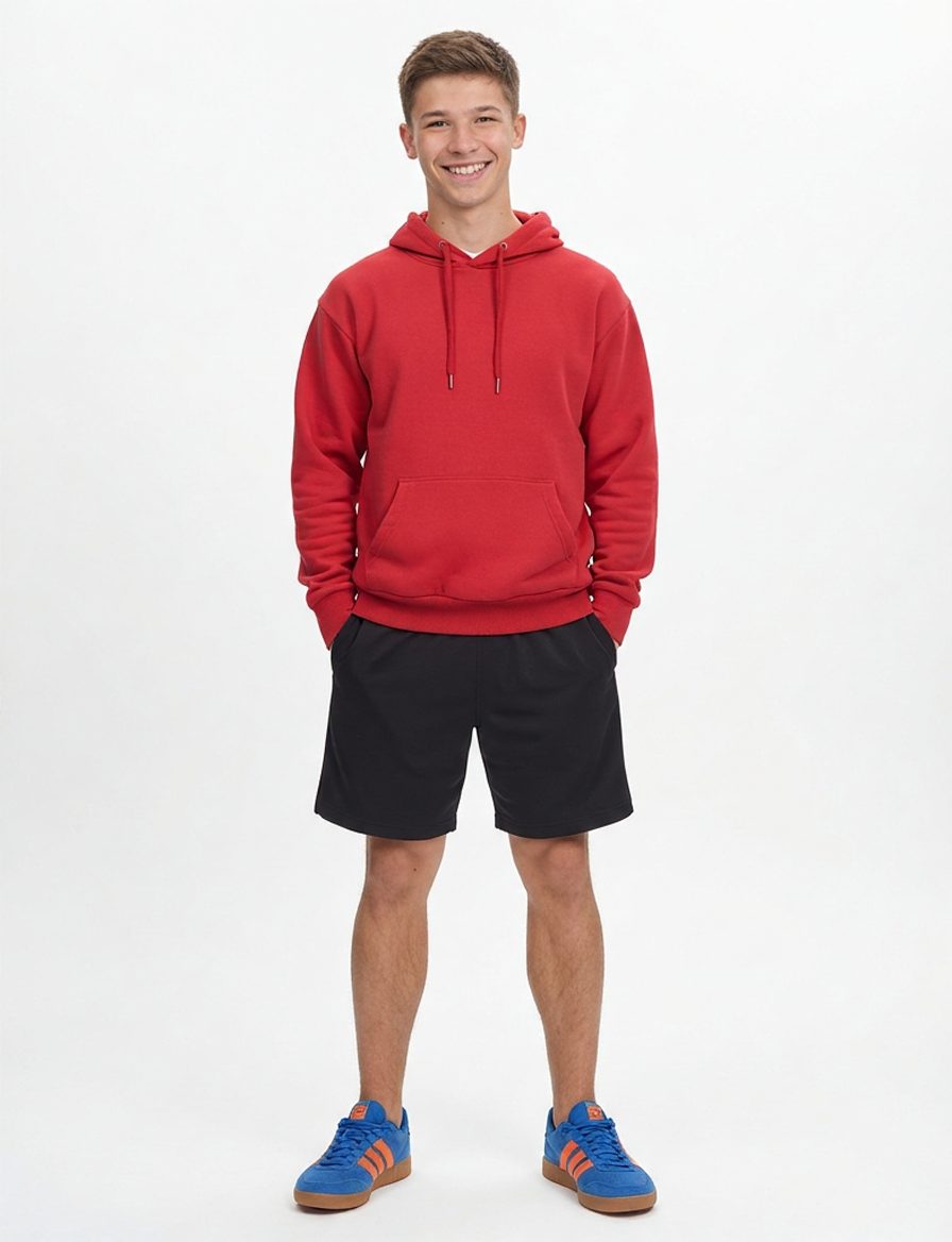 Este atuendo presenta una sudadera con capucha roja vibrante y unos… · Outfit de Nicolas López Roman