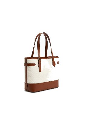 bolso de mano de lona y piel marrón y blanco · marrón, blanco