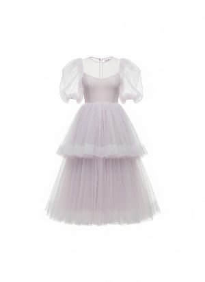 vestido midi de tul con mangas abullonadas