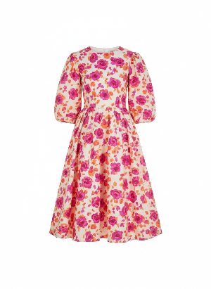 floral puff-sleeve midi dress