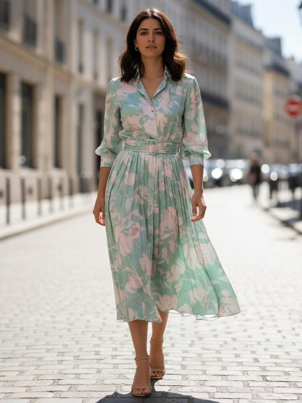 Plisowana midi w kwiaty z miękkiej zieleni i różu, przewiązana paskiem i zestawiona z eleganckimi sandalikami. Kobiecy wybór na wyjątkowe okazje, łączący wygodę z szykiem.