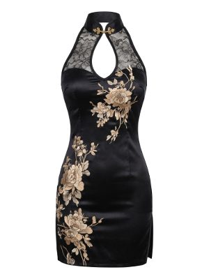 vestido corto cheongsam con estampado floral y encaje · negro