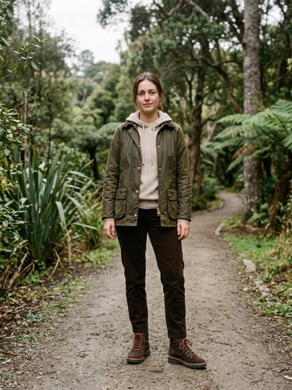 Oliwkowa kurtka Barbour noszona z beżową bluzą z kapturem oraz ciemnobrązowymi sztruksami. Brązowe buty trekkingowe tworzą praktyczny look na chłodniejsze dni.
