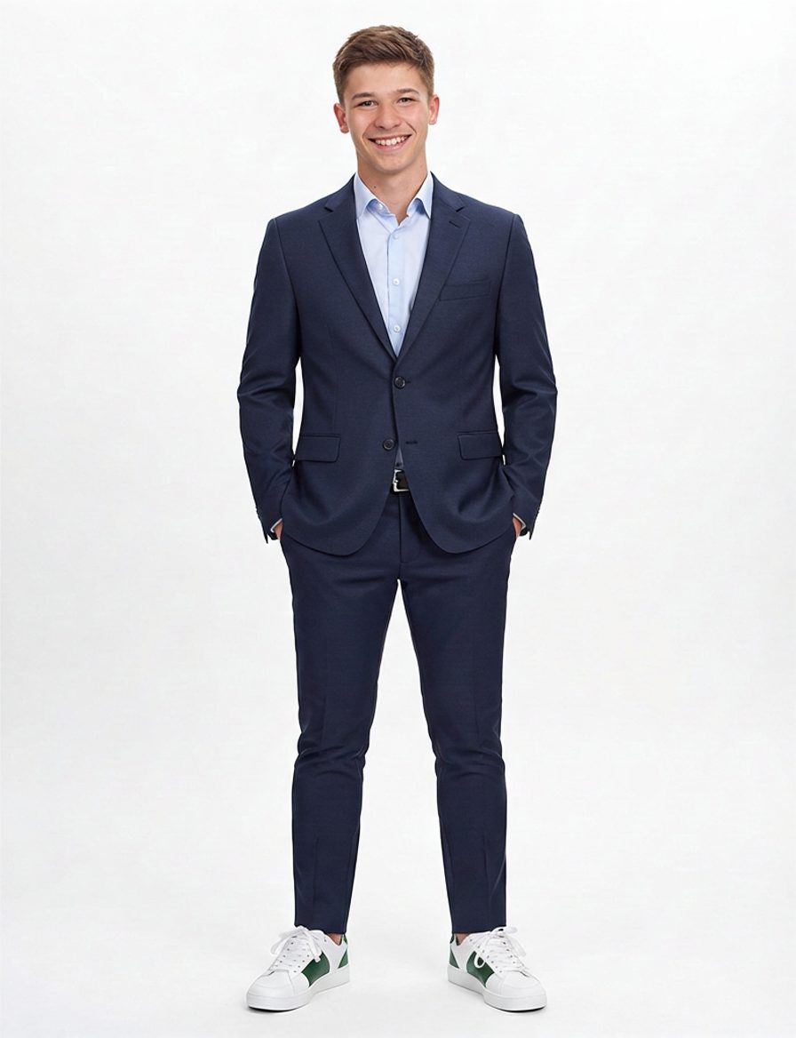 Este elegante modelo lleva un traje de color azul marino que le sienta a… · Outfit de Nicolas López Roman