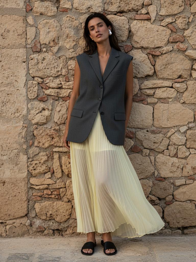 Ibiza Chic: Chaleco Sastre y Falda Plisada Amarilla