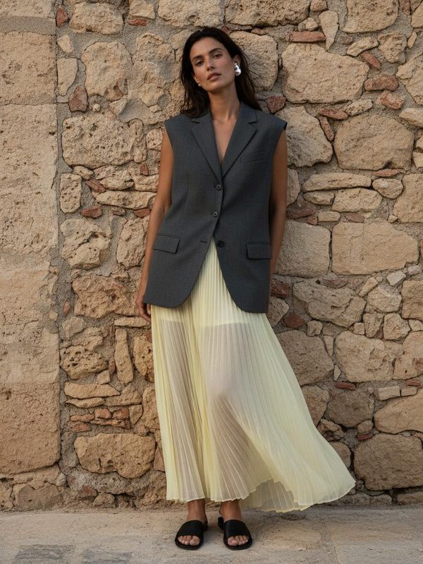 Ibiza Chic: Tailored Vest Meets Pleated Skirt