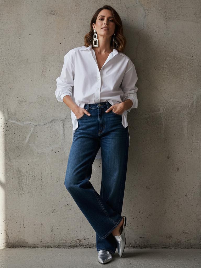 Elegancia Casual: Camisa Blanca y Vaqueros Anchos Imprescindibles