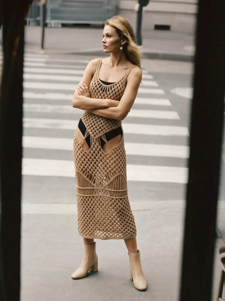 Una mujer luce un vestido midi de crochet beige combinado con un bañador… · Outfit de Om Tat Sat