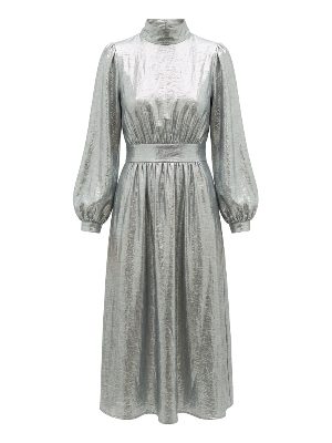 metallic midi dress with balloon sleeves