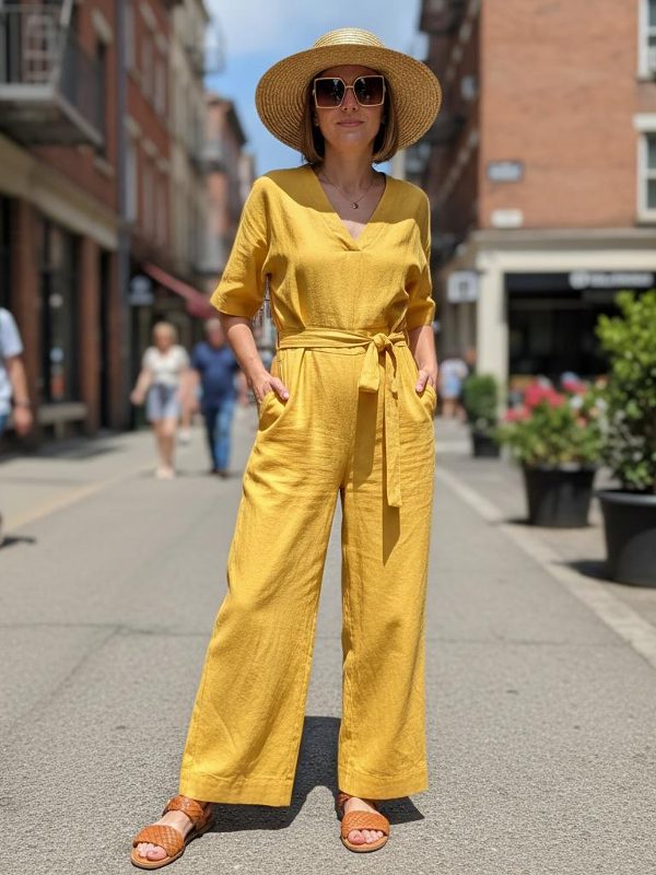 Ein hellgelber Leinenjumpsuit wird mit Ledersandalen und einem breiten Strohhut kombiniert. Dieser unkomplizierte Look bringt Farbe in den Alltag und setzt ganz auf die sommerliche Leichtigkeit des Leinenmaterials.