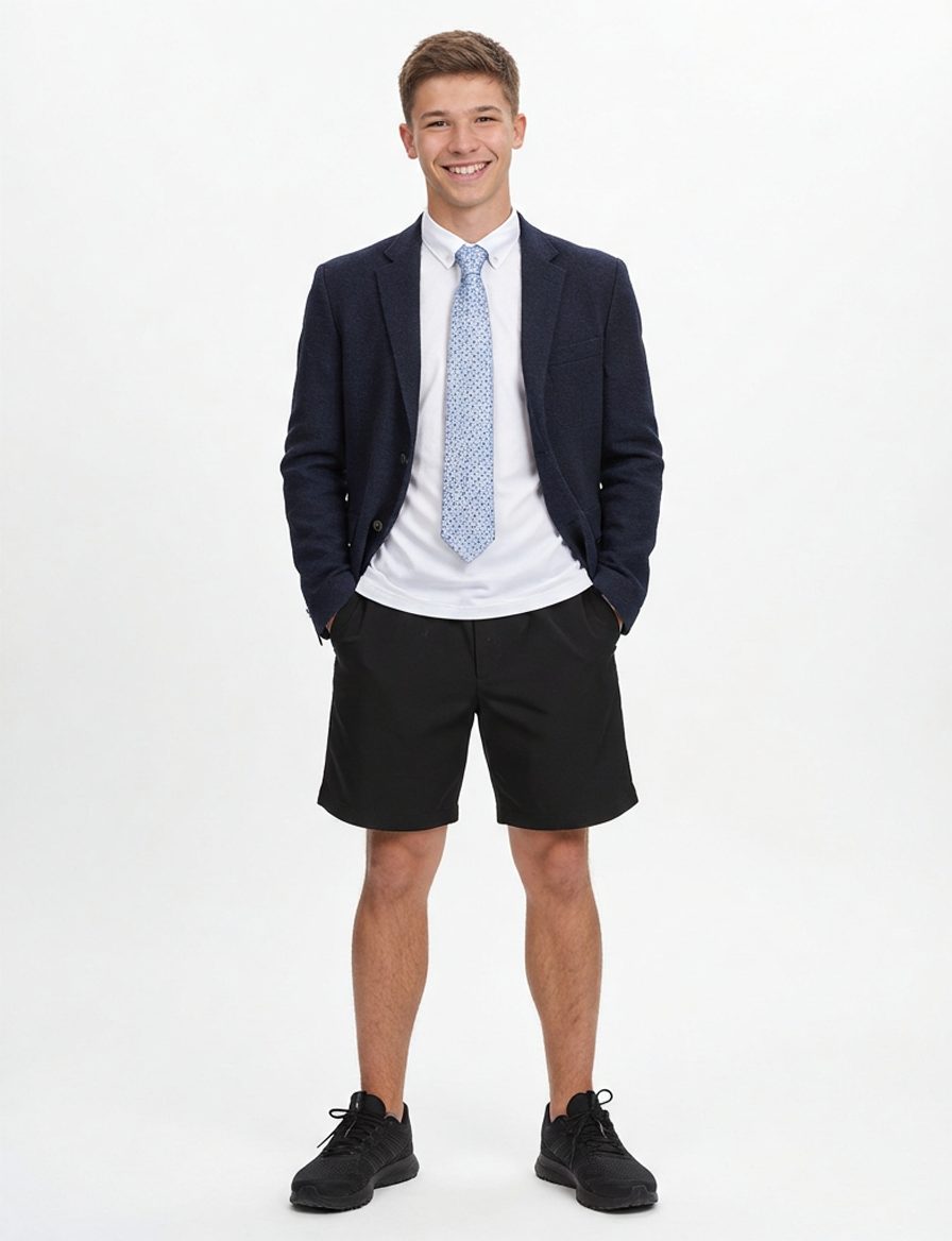 Shorts negro, saco de traje azul marino, corbata estampada azul claro… · Outfit de Nicolas López Roman
