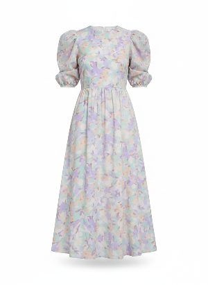 midi dress with pastel floral print and puff sleeves