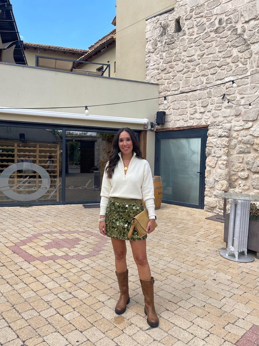 La combinación de un jersey de cuello alto blanco con una falda verde de… · Outfit de Paulina Arredondo