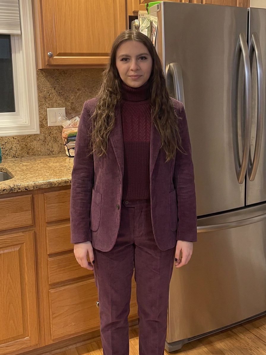 Este conjunto de traje de pana morado con cuello alto a juego ofrece una… · Outfit de Chris Pugliese