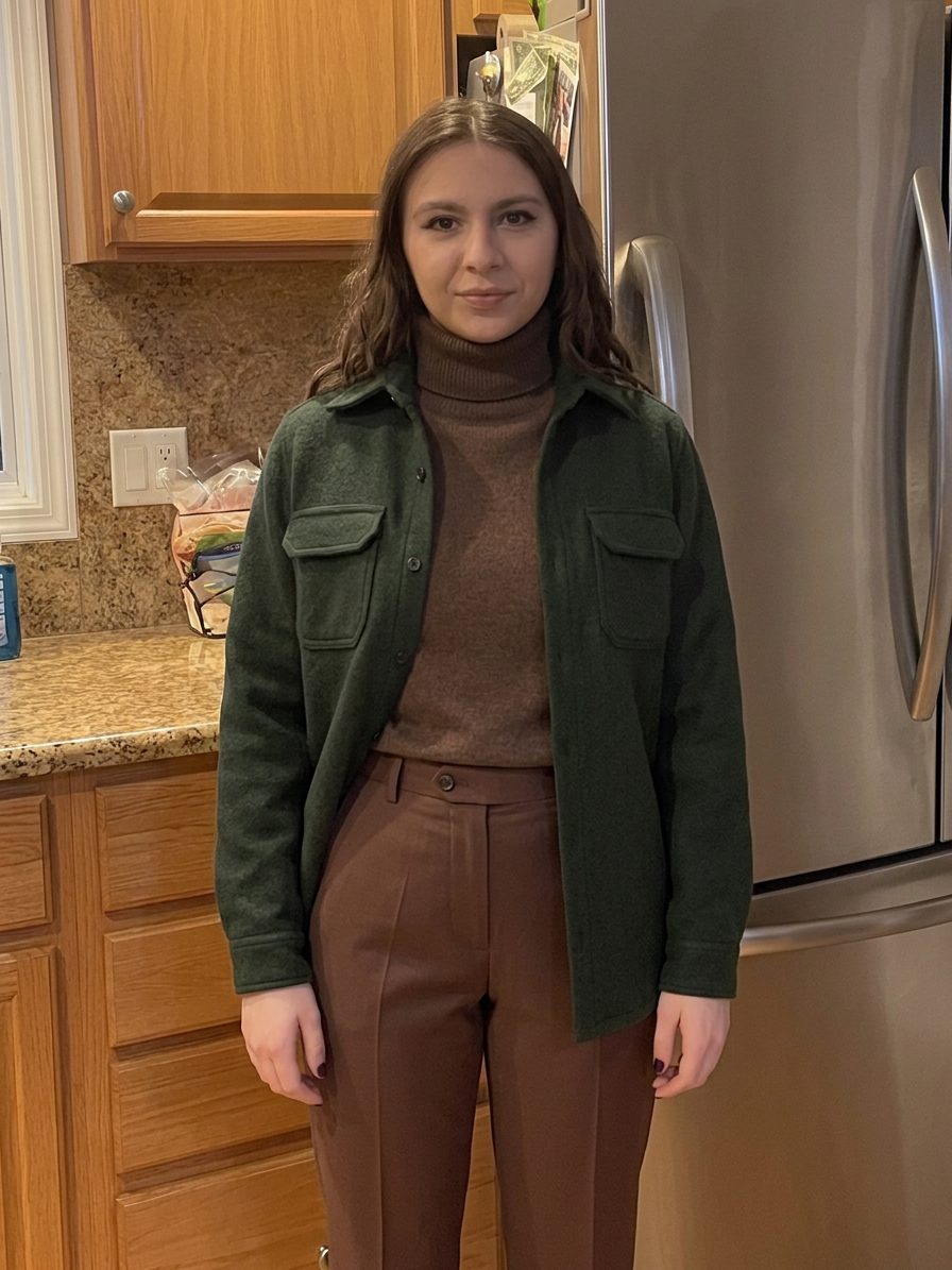 El conjunto combina una chaqueta estilo shacket verde oscuro con un… · Outfit de Chris Pugliese