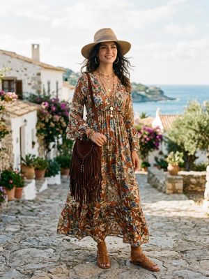 Langes braunes Blumenkleid für deine Sommertage