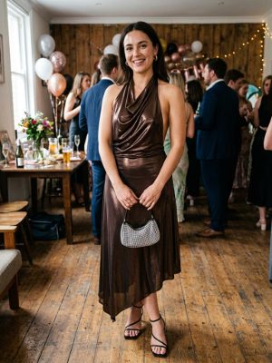 Bronze metallic midi dress for your upcoming evening parties