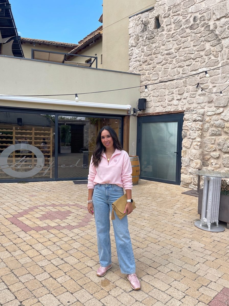 Una mujer con un suéter rosa de cuello alto con cremallera y unos… · Outfit de Paulina Arredondo