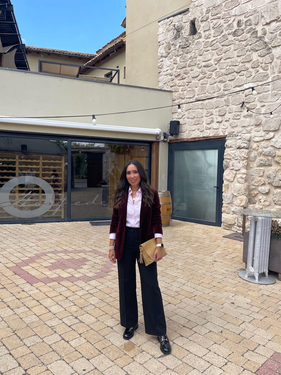 La persona lleva un elegante blazer de terciopelo burdeos combinado con… · Outfit de Paulina Arredondo