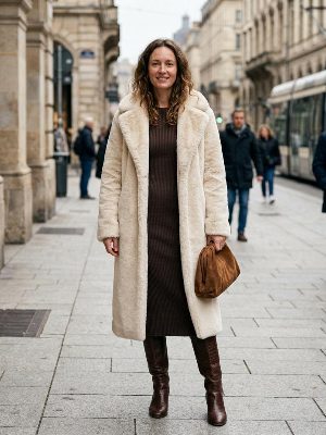 Beige faux fur coat for your cold urban city strolls