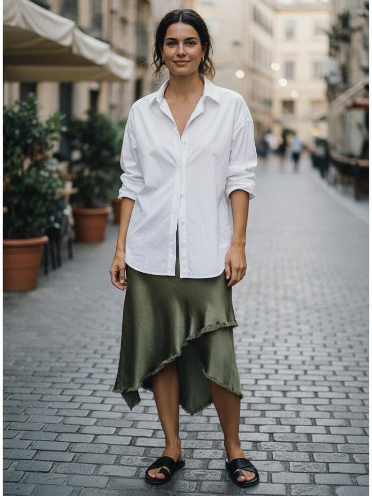 Satinrock mit Oversize-Shirt: Der Kontrast, der funktioniert