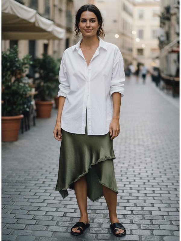 Sofisticación casual: Falda de seda y camisa oversize