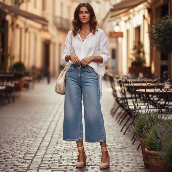Biała luźna koszula z lnu, jasnoniebieskie jeansy cropped o szerokich nogawkach oraz różowe sandały na koturnie. Swobodny, elegancki look stworzony na cieplejsze popołudnia w mieście.