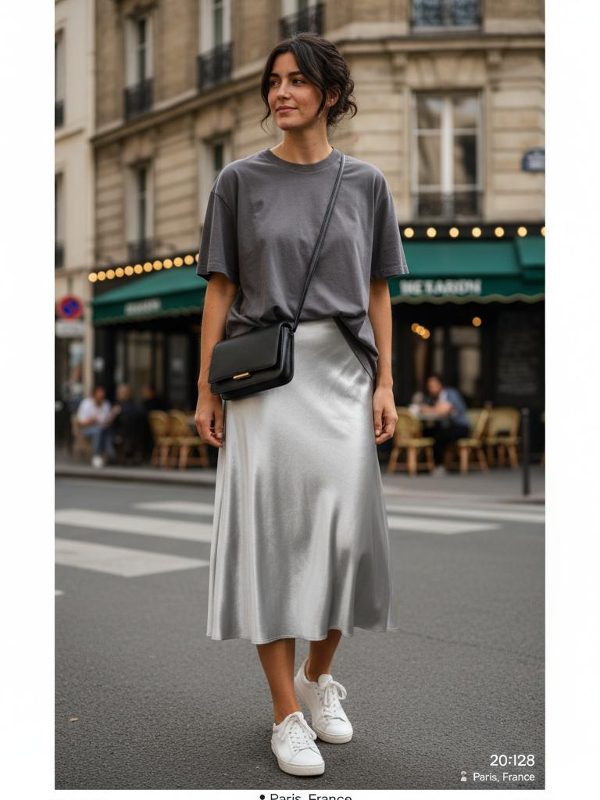 Satin Midi Skirt & Tee: Effortless Urban Chic!