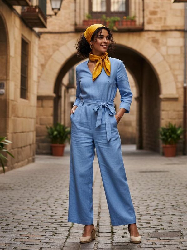 Ein hellblaues Leinenmono mit Taillengürtel wird durch ein gelbes Seidentuch am Hals und dezente Espadrilles akzentuiert. Der farbige Seidenakzent bricht das kühle Blau auf elegante Weise.