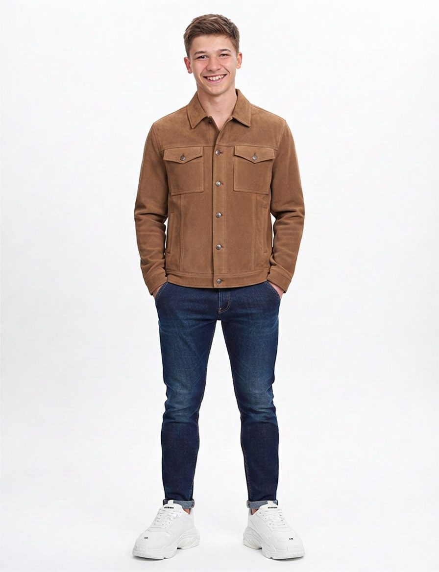 Este atuendo presenta una combinación elegante de una chaqueta de gamuza… · Outfit de Nicolas López Roman