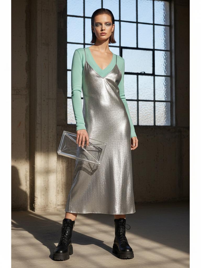 La modelo luce un vestido lencero plateado metálico sobre un top de… · Outfit de Chulair