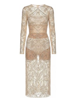 vestido midi transparente con pedrería · beige