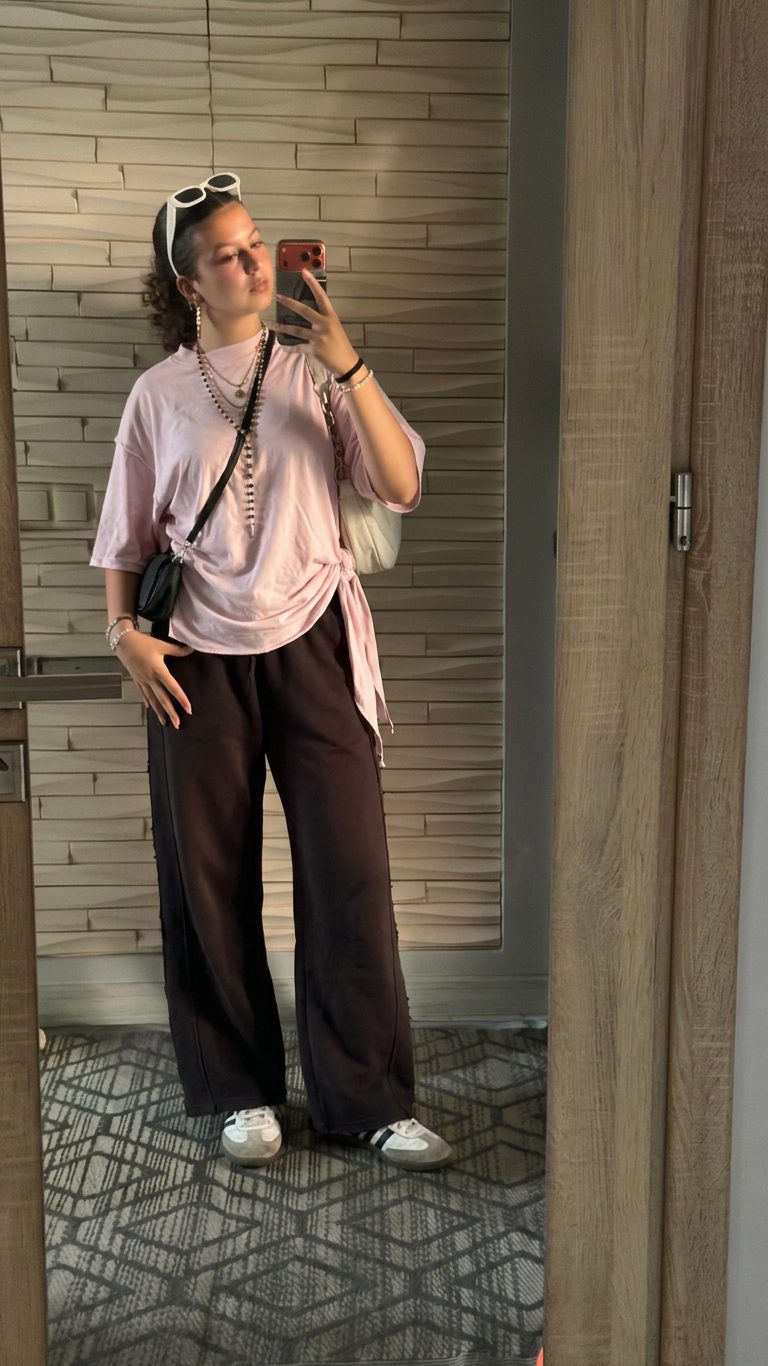 Una joven luce un conjunto moderno y cómodo combinando una camiseta rosa… · Outfit de Jagoda Witek