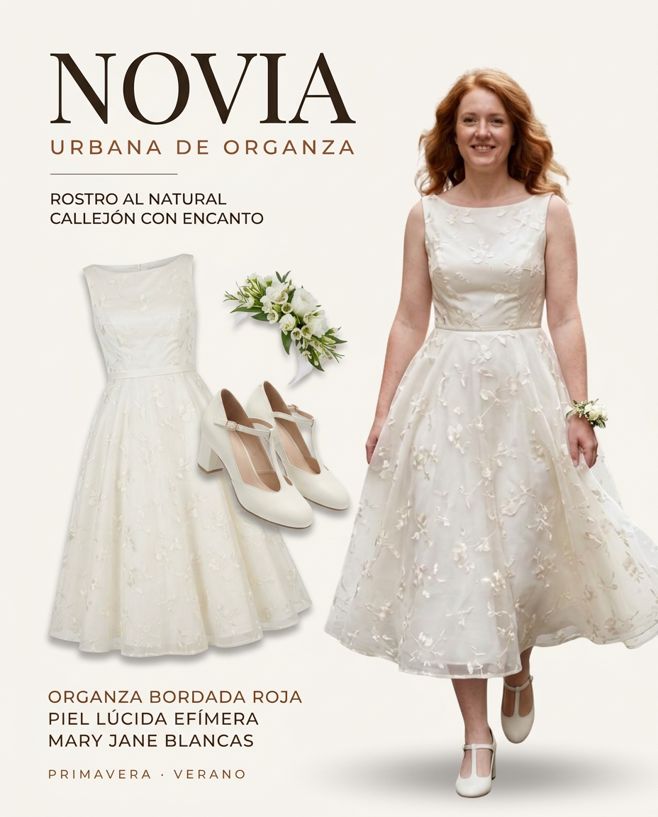 Vestido midi de novia marfil con relieve floral para bodas civiles