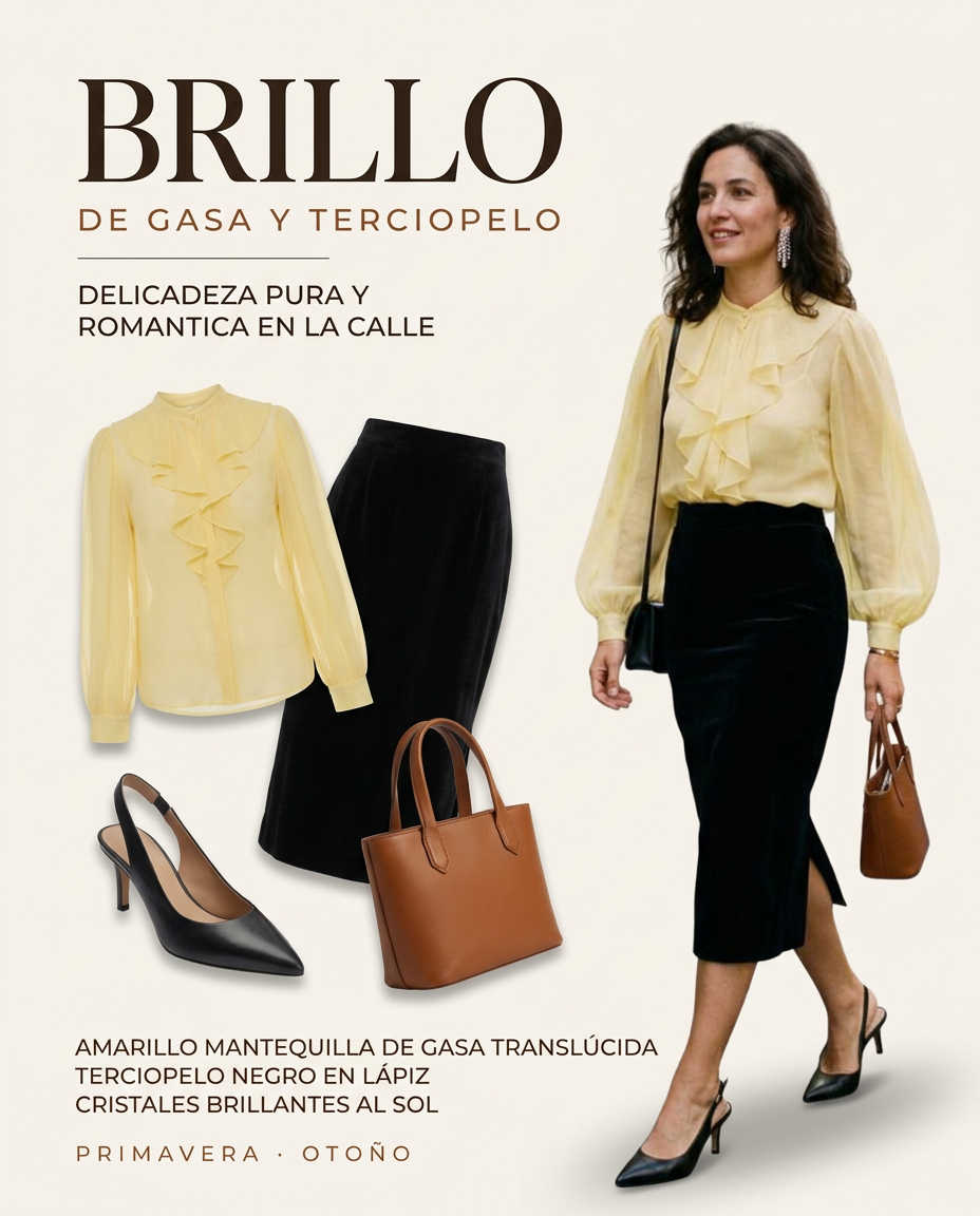 Blusa amarilla de gasa con volantes para tus noches de entretiempo